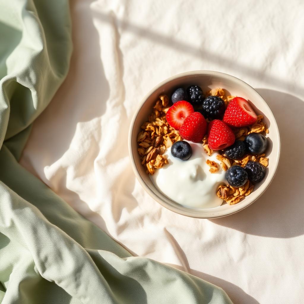 Bowl of granola being served, a simple no-fuss breakfast