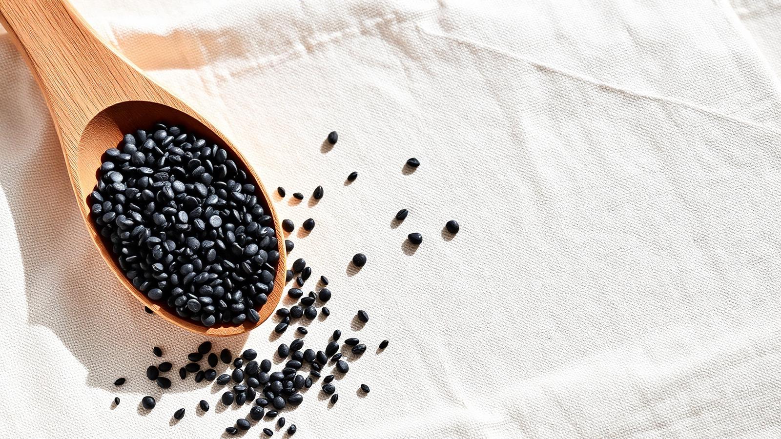 Black chia seeds in a wooden spoon on a linen surface