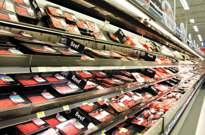 Chilled meat aisle in a supermarket