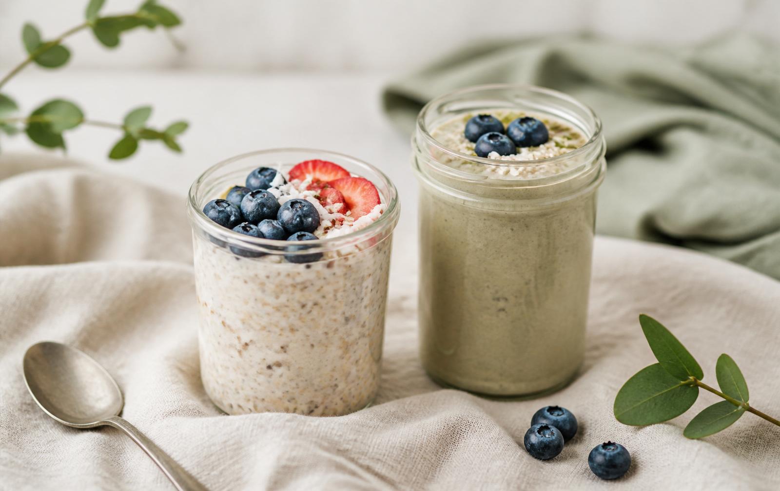 Overnight oats and a protein smoothie in glass jars