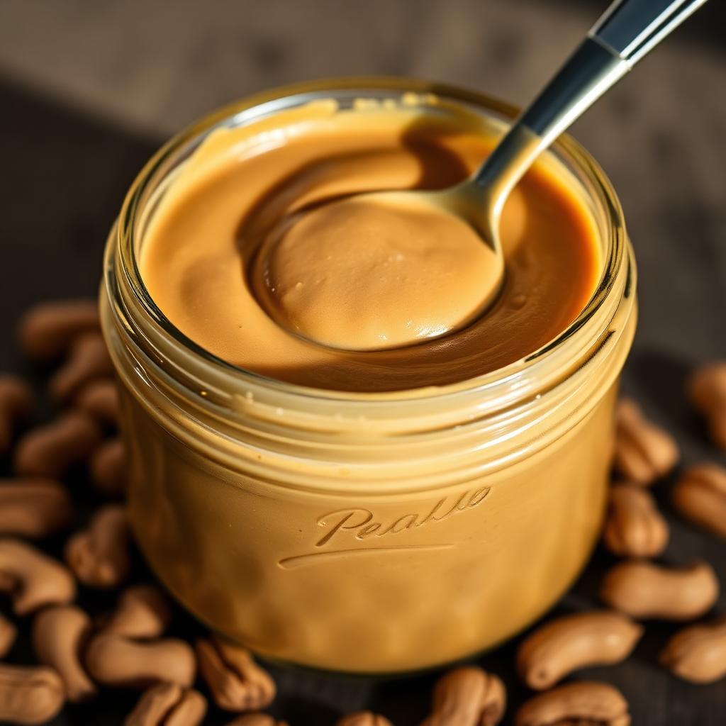 Jar of creamy homemade peanut butter with a spoon
