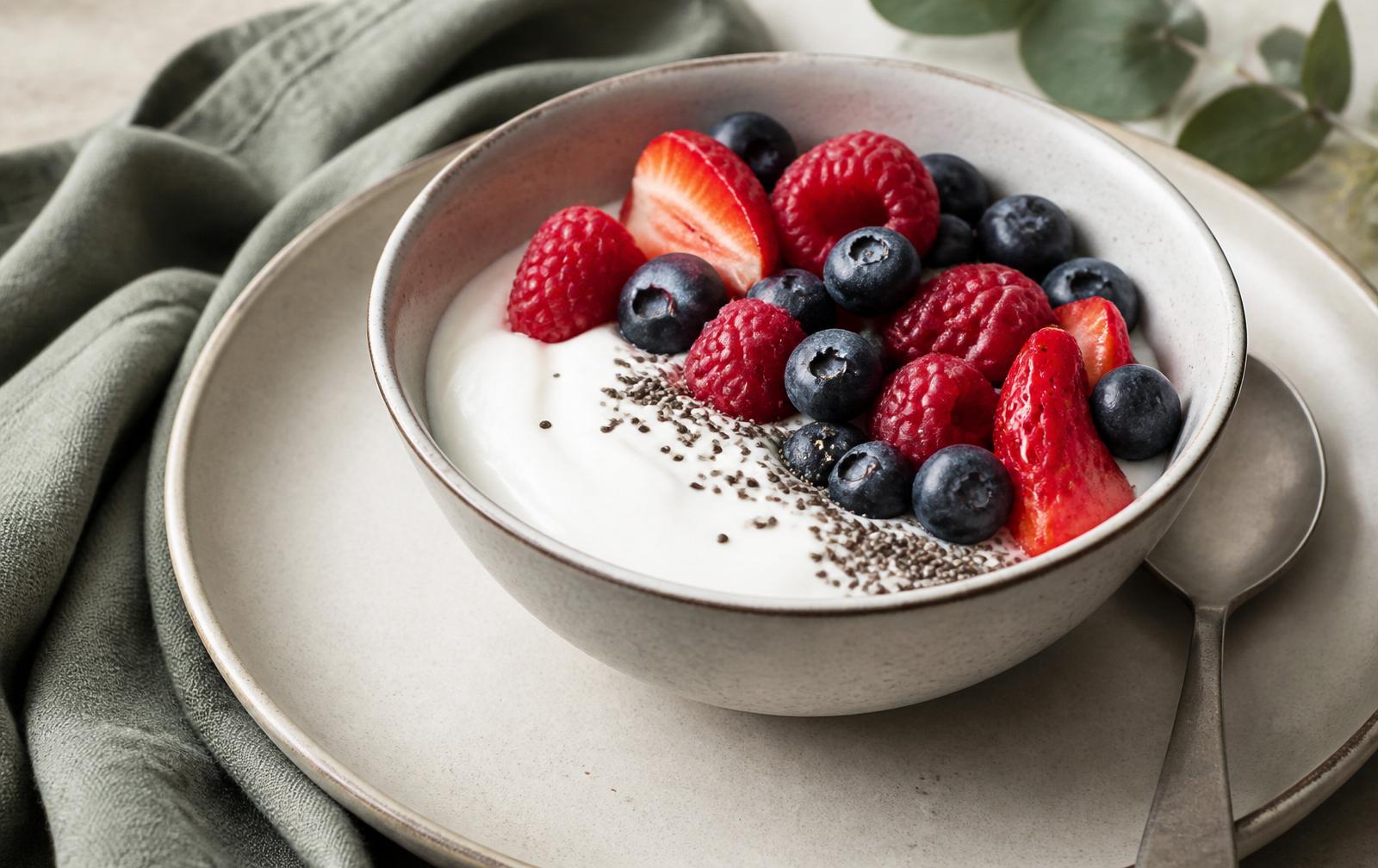 Greek yoghurt bowl with mixed berries and chia seeds