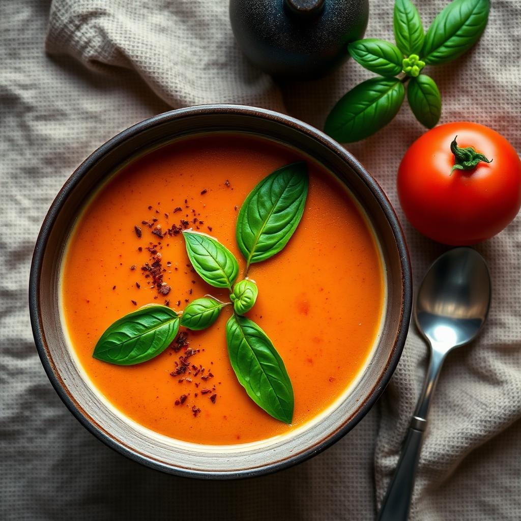Bowl of creamy tomato soup topped with black pepper, chilli flakes and fresh basil