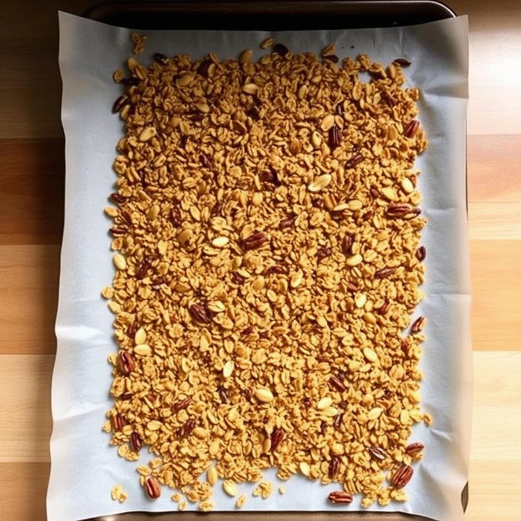 Granola spread evenly on a baking tray ready for the oven