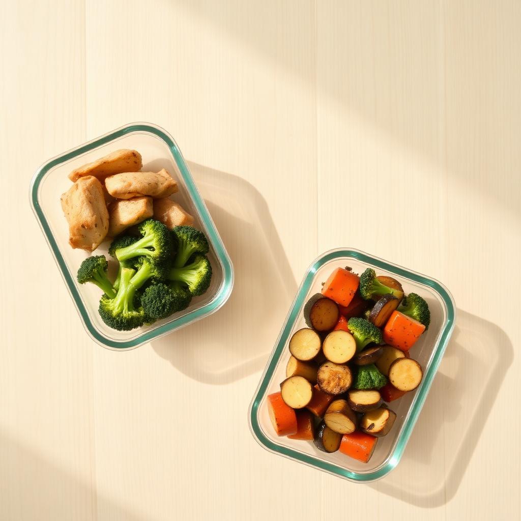Glass meal-prep containers filled with chicken, broccoli and roasted vegetables