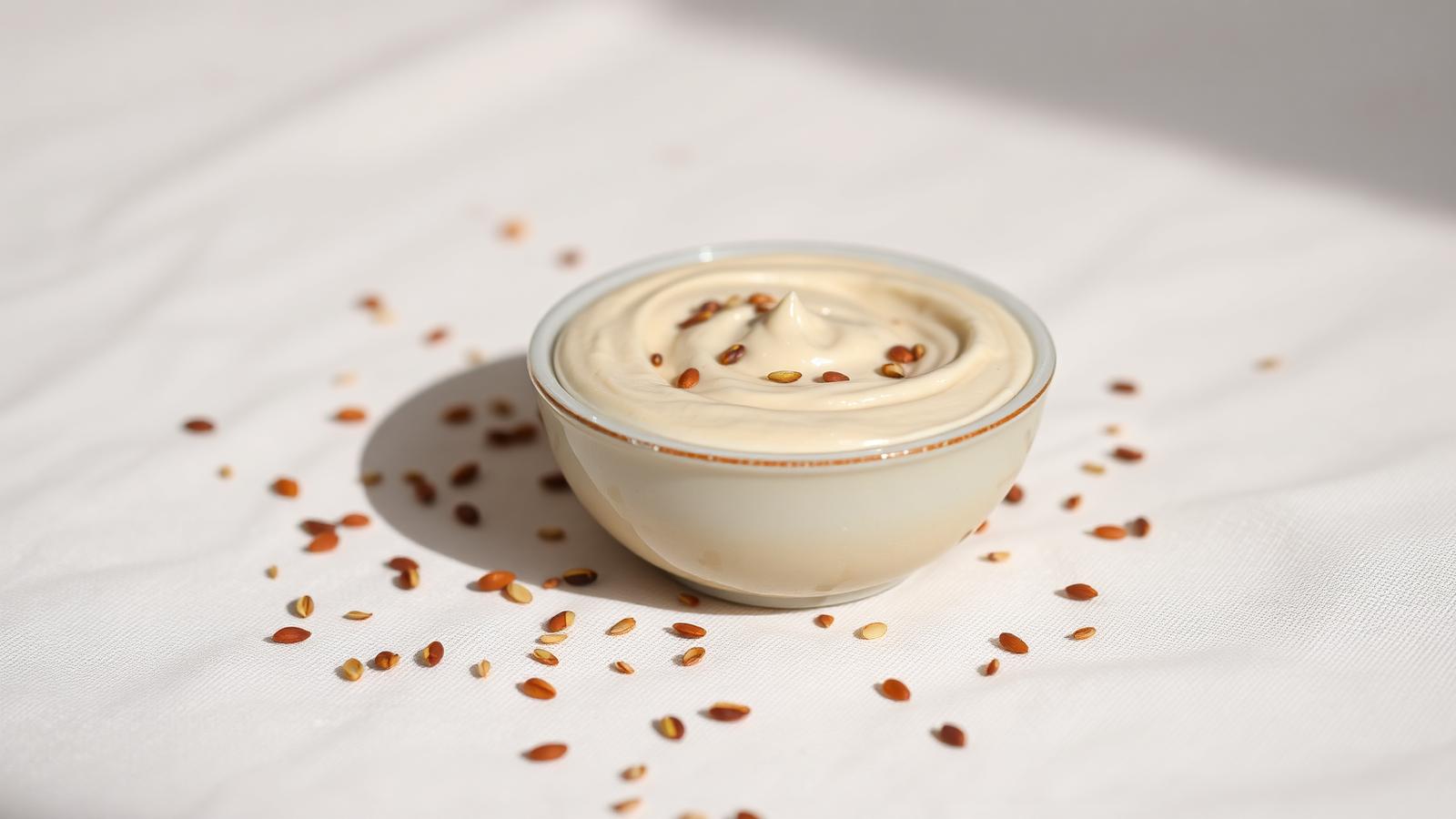 Bowl of smooth tahini paste with scattered sesame seeds