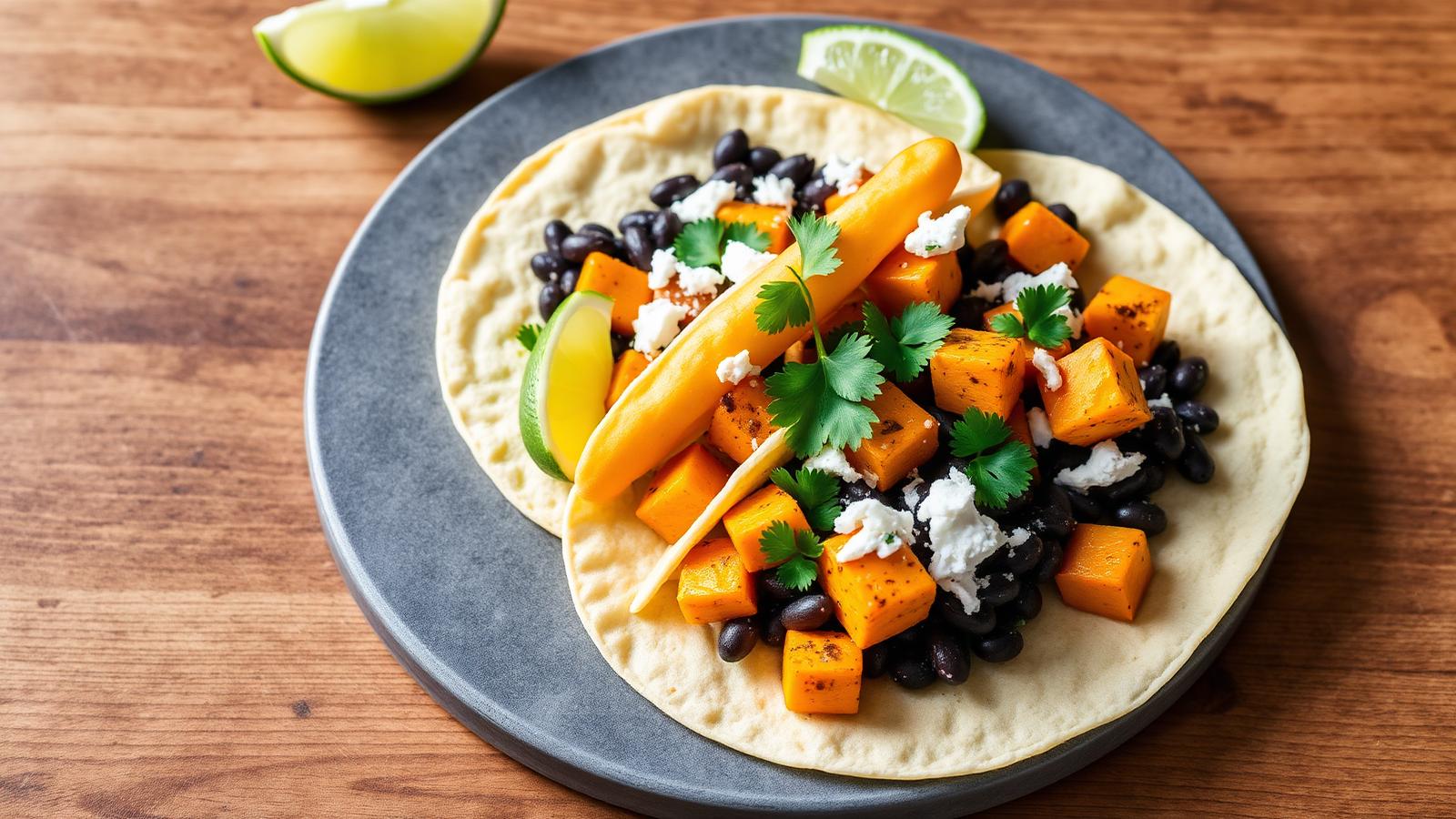 Corn tortillas topped with black beans, sweet potato and cheese