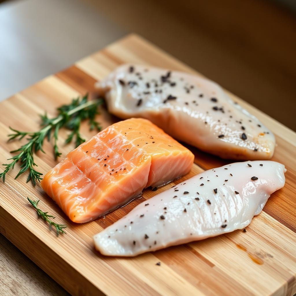 Salmon and lean meats on a wooden board