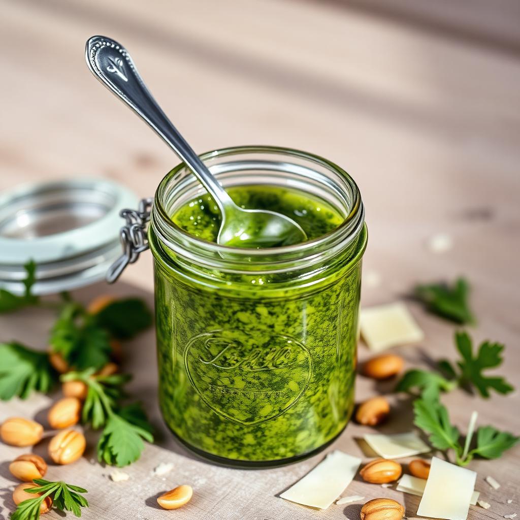 Jar of fresh green pesto with a spoon, surrounded by pine nuts and parmesan