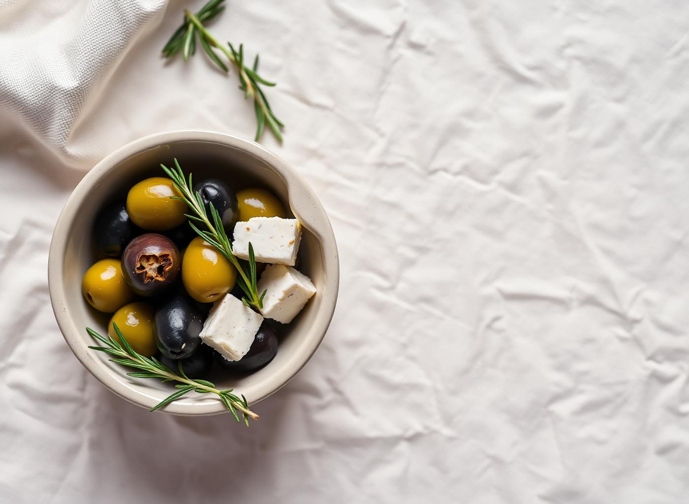 Marinated olives and feta cheese make an affordable, protein-rich snack