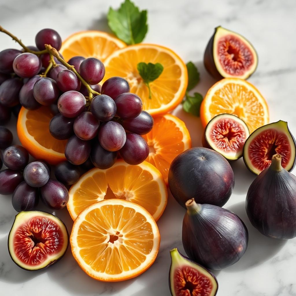 Fresh grapes, oranges and figs