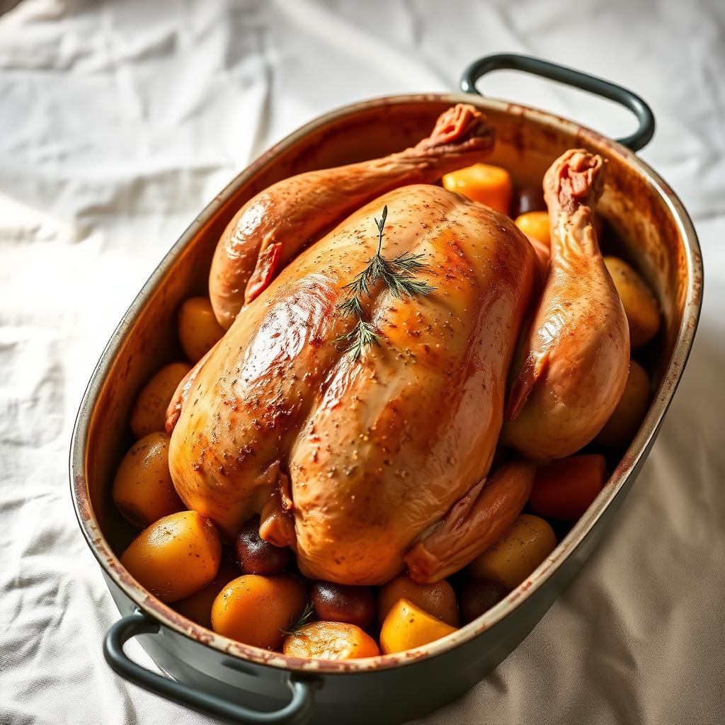 Whole roast chicken with potatoes, carrots and chestnuts in a roasting tray