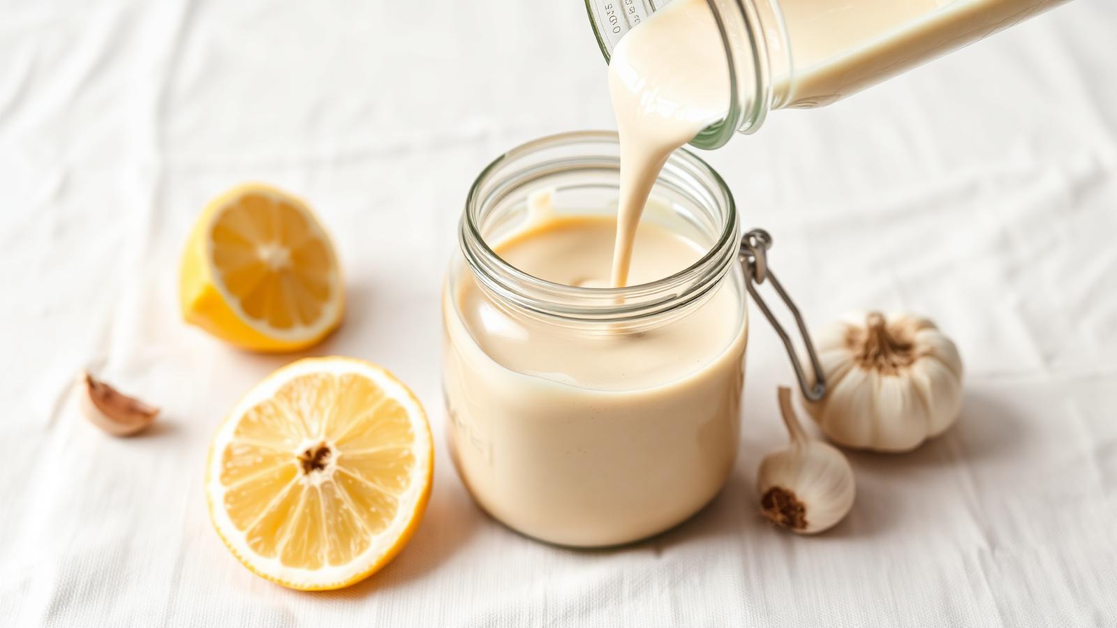 Creamy tahini dressing being poured into a glass jar beside lemon and garlic