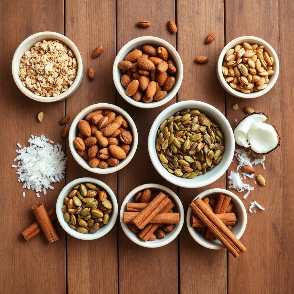 Bowls of nuts, seeds, coconut and spices ready for making granola