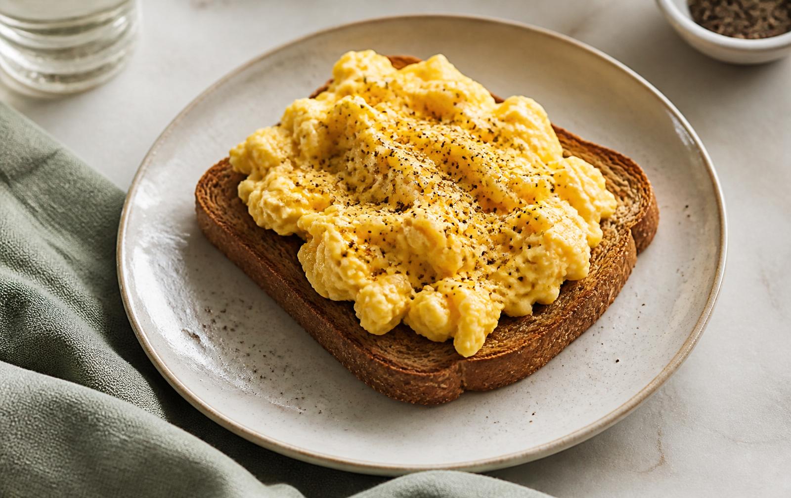 Soft scrambled eggs on wholemeal toast